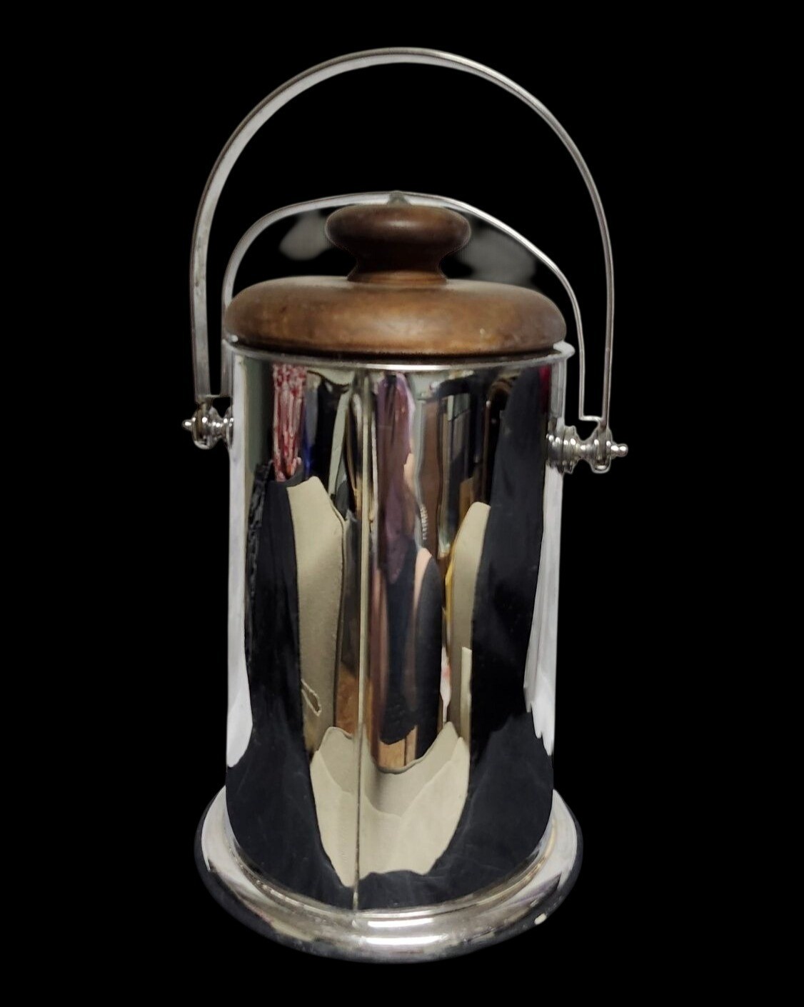 Vintage Manning-Bowman Art Deco Chrome Ice Bucket  Walnut Lid Rare Double Handle