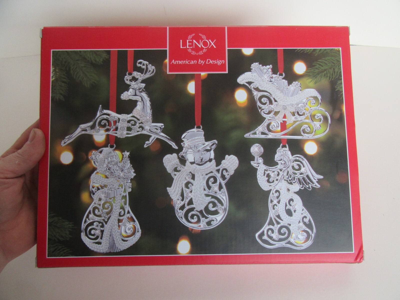 Lenox Sparkle & Scroll  Christmas Porcelain Ornament Set of 5, #875851 (New)