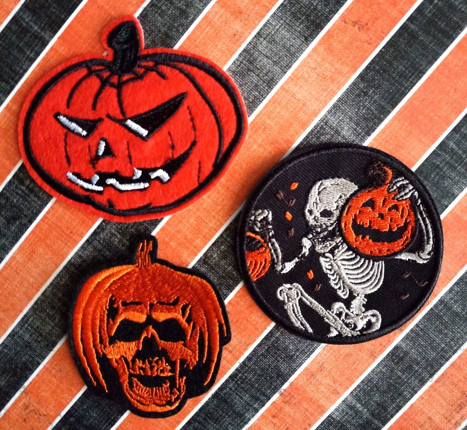 Halloween Pumpkin Dancing Skeleton with Pumpkins Embroidered iron on Patch Set
