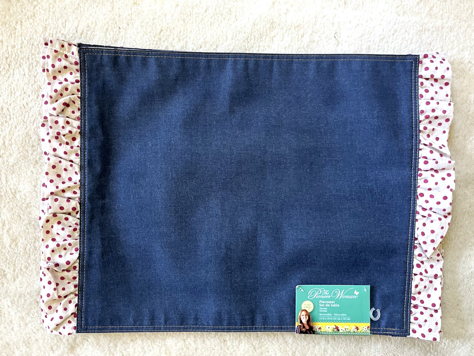 Set of 4 Pioneer Woman Ruffle Soft Denim/Red Polka Dot Fabric Placemats 20\