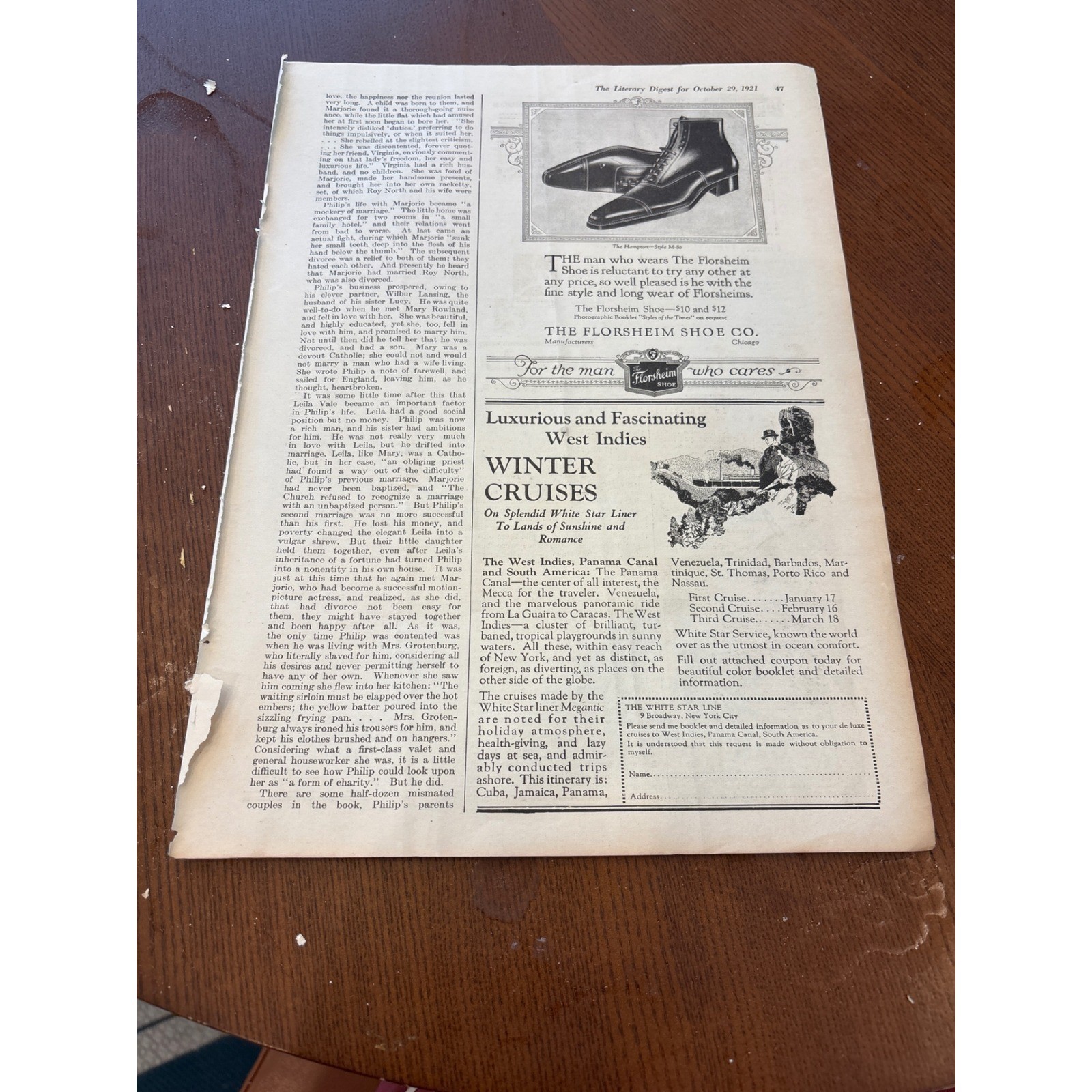 Vintage 1921 Florsheim Shoes Print Ad White Star Line Cruise Mennen Shaving Art