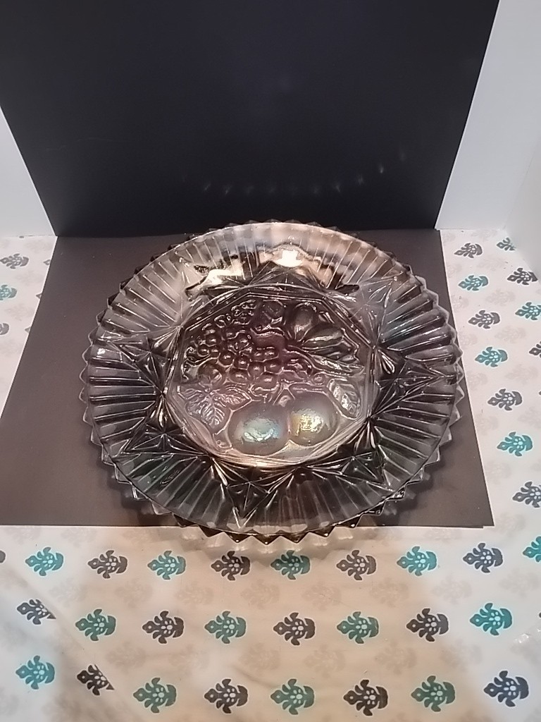 Vintage Federal Glass Pioneer Smoke Iridescent Intaglio Fruit Glass Plate 11\
