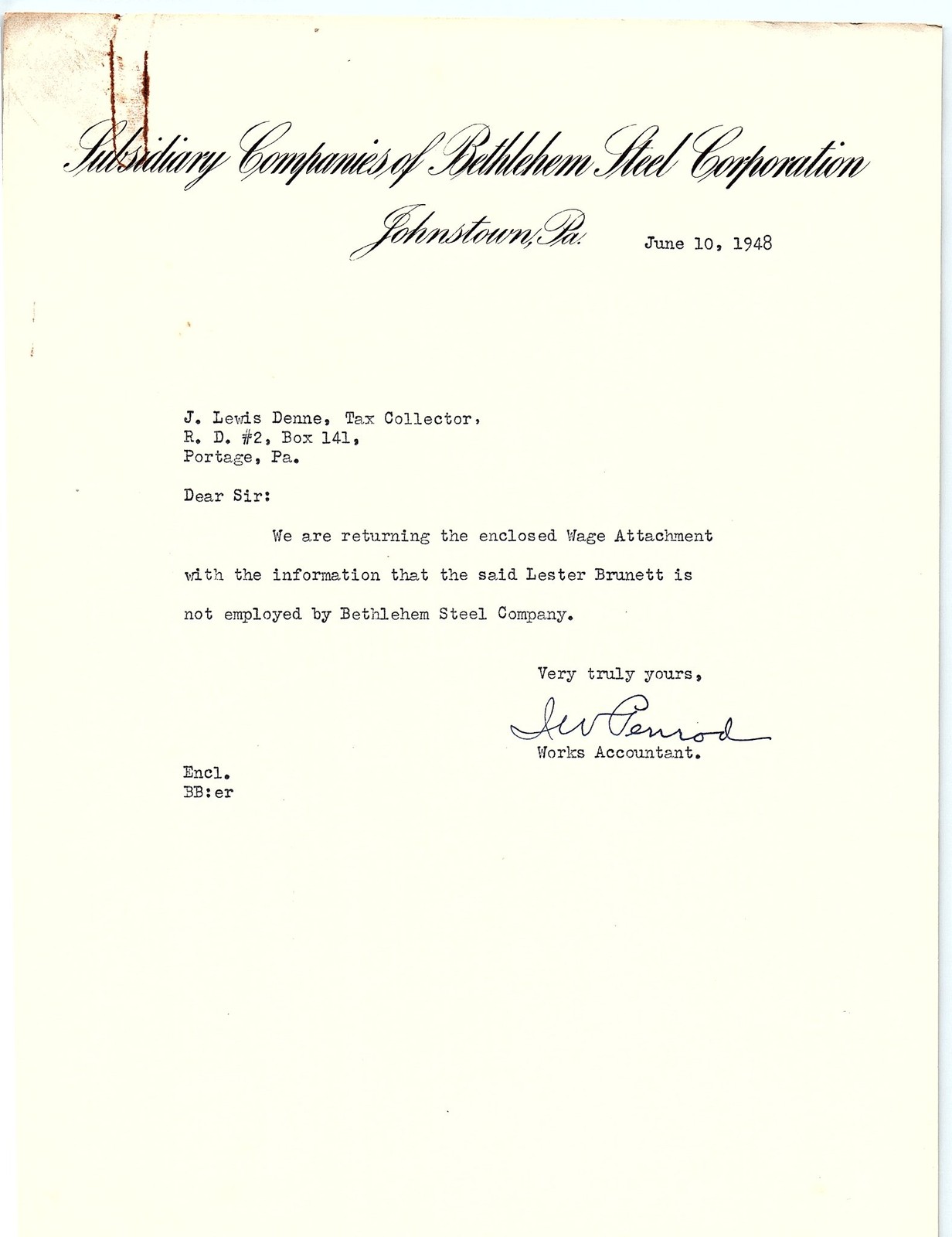 1948 Bethlehem Steel Letter re: wage attachment