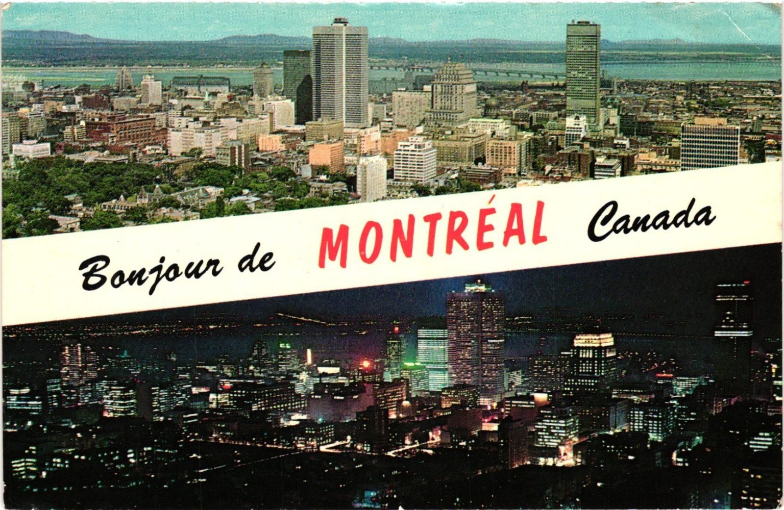 Vintage Plastichrome Postcard: Montreal Canada Day & Night Skyline View Vintage Plastichrome Postcard: Montreal Canada Day & Night Skyline View