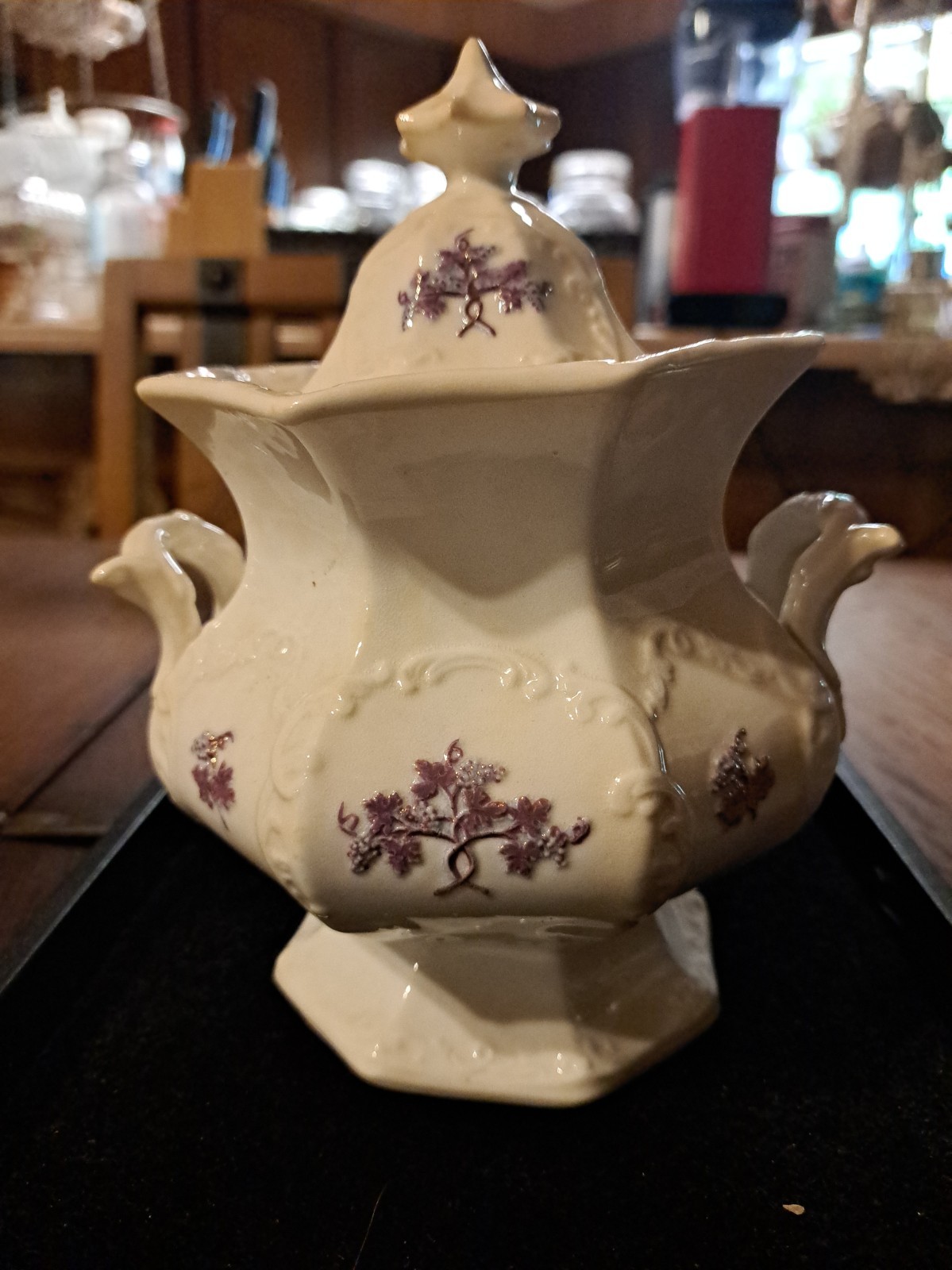 Antique Staffordshire Porcelain Relief Grape Purple Luster Small Tureen W/ Lid Antique Staffordshire Porcelain Relief Grape Purple Luster Small Tureen W/ Lid