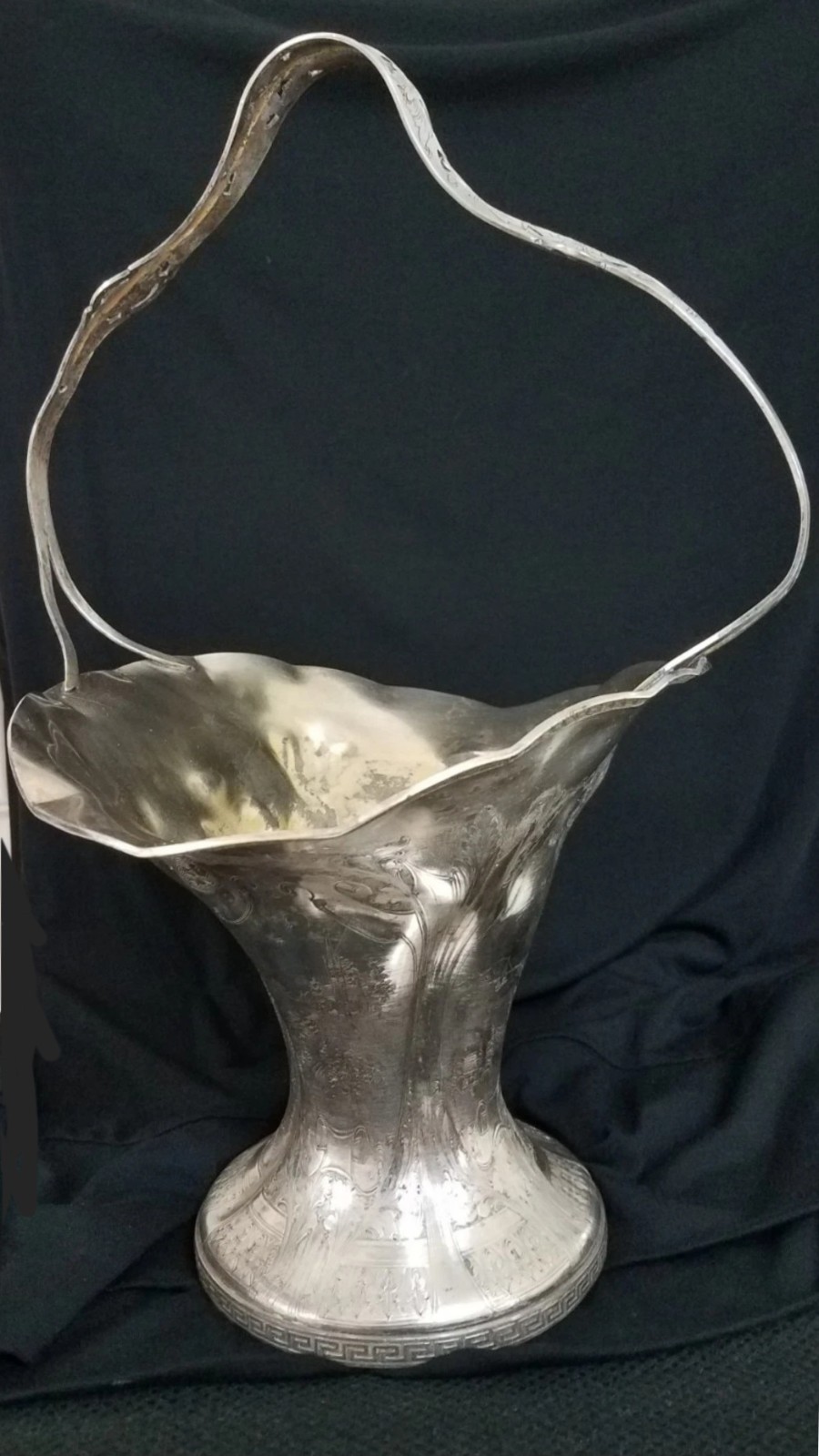 X Large Antique Flower basket Pictorial,HARTFORD Co Silver Plate Handled Florist