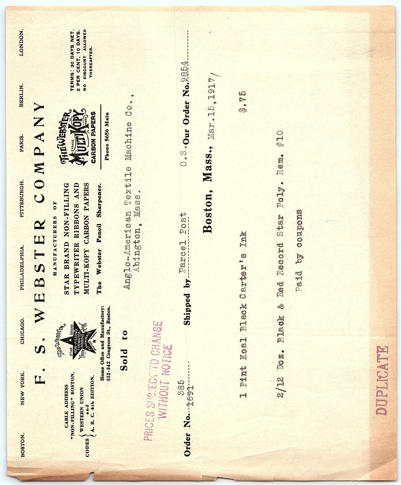 1917 F. S. Webster Co. billhead invoice, ink & ribbons