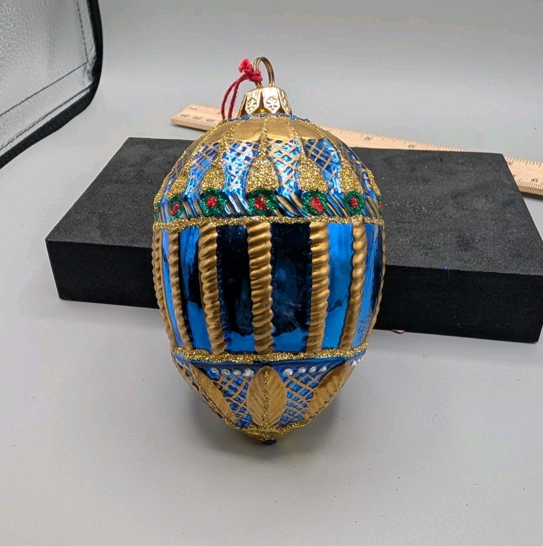 Vintage Spode Hand-Blown Glass Egg Christmas Ornament – Blue & Gold Faberge