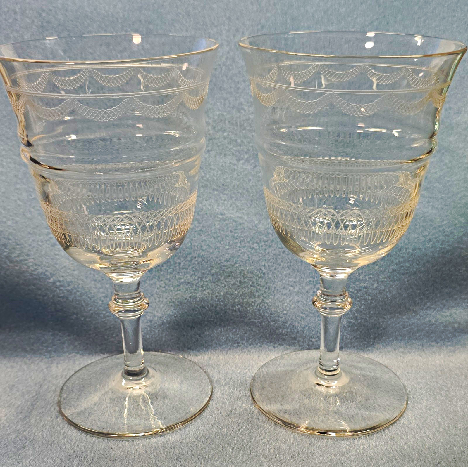 Antique Art Nouveau Etched Liqueur Wine Glasses Ribbon Meander c.1900 Pair Antique Art Nouveau Etched Liqueur Wine Glasses Ribbon Meander c.1900 Pair