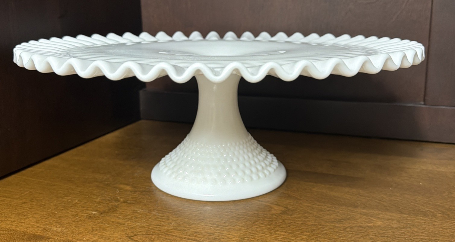 Fenton Cake Stand White Milk Glass Hobnail Ruffled Pedestal Vintage 13”