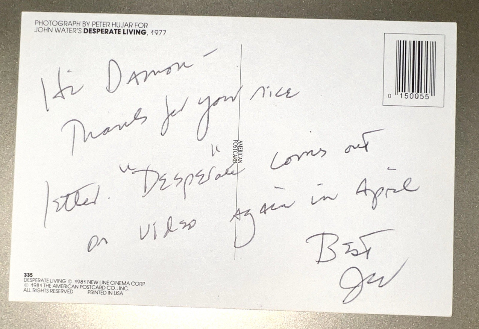 Vintage Desperate Living John Waters signed postcard autograph Divine Flamingos