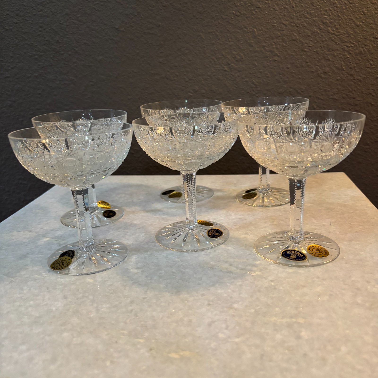 Vintage Bohemia Crystal Champagne Coupes - Unused Set of 6  Closed Cup