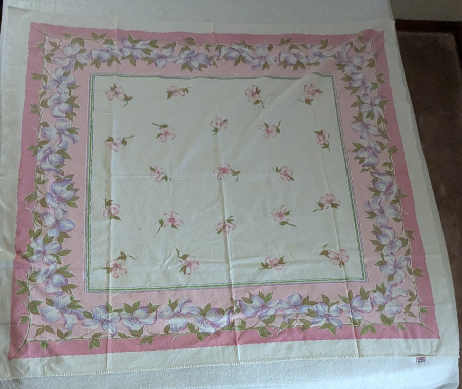 Vintage Wilendur Tablecloth Hand Printed Dogwood - purples, pinks 48