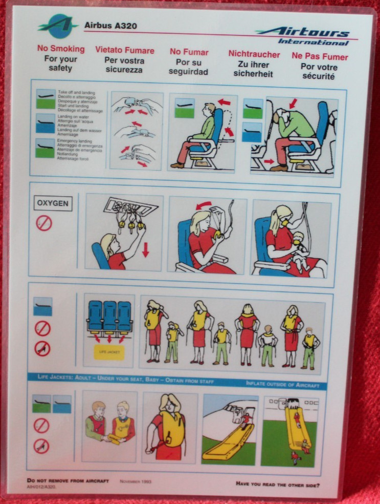 Airtours International Airbus A320 Safety Card AIH/012/A320 November 1993 