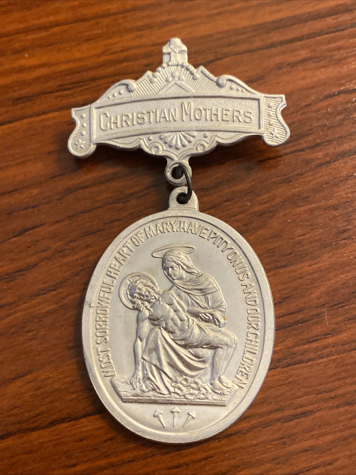 Vtg Christian Mothers Mary St Joseph Aluminum Medal Pin Pray For Us Catholicism 