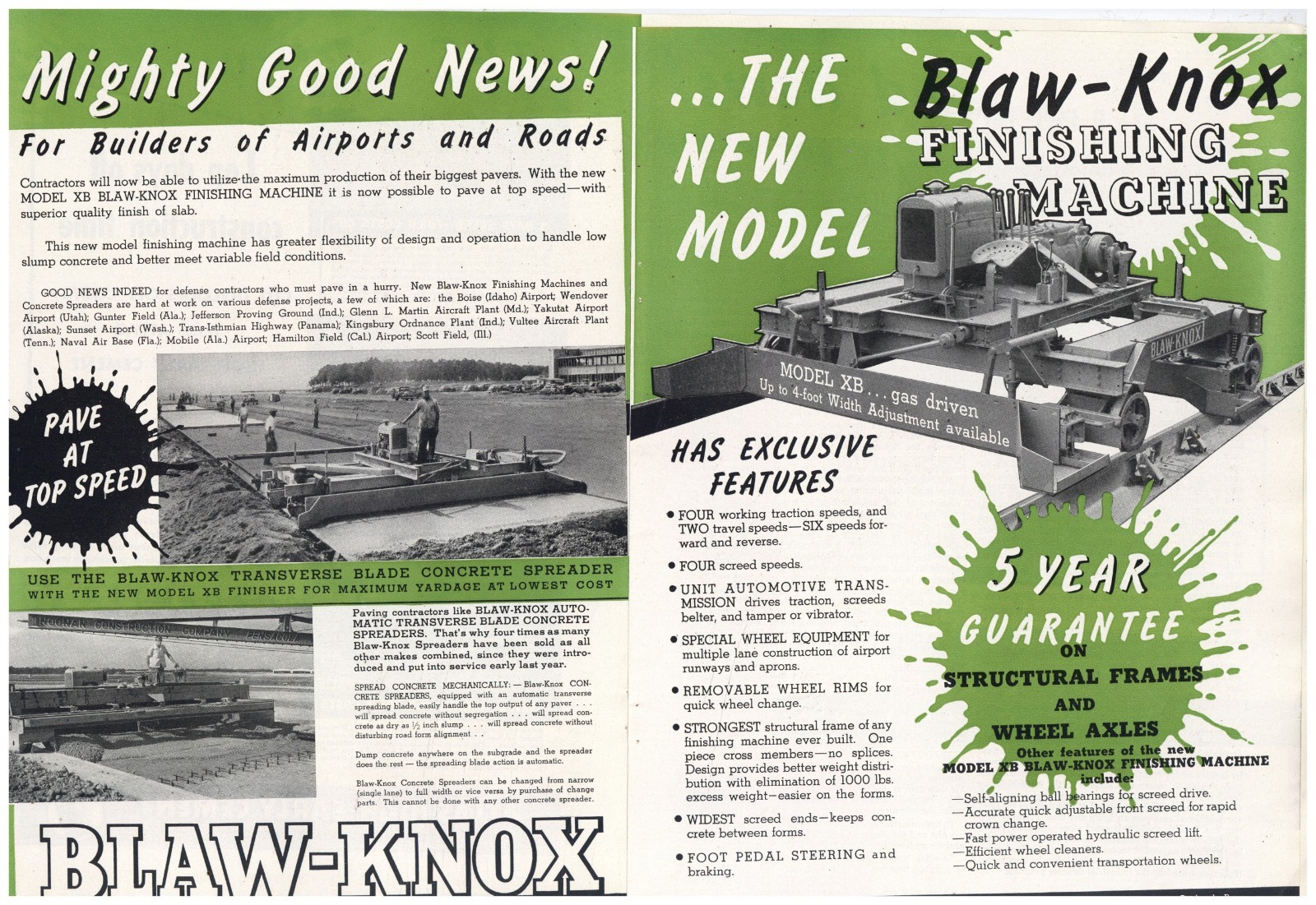 1941 Blaw Knox 2 Separate Pg. Ad: XB Road Finishing Machine, Blade Spreader pics