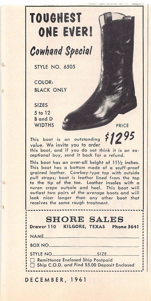 Shore Sales Western Cowboy Boots Footwear Kilgore Texas Vtg Magazine Print Ad