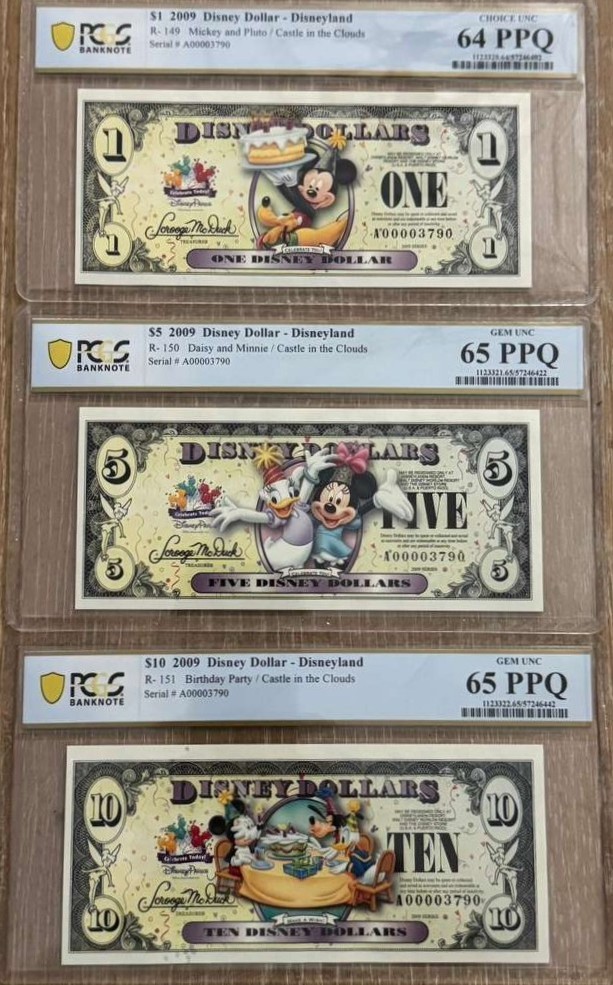 2009 $1/$5/$10 Disney Matching Serial 3 Notes Matching PCGS Graded 64/65/65
