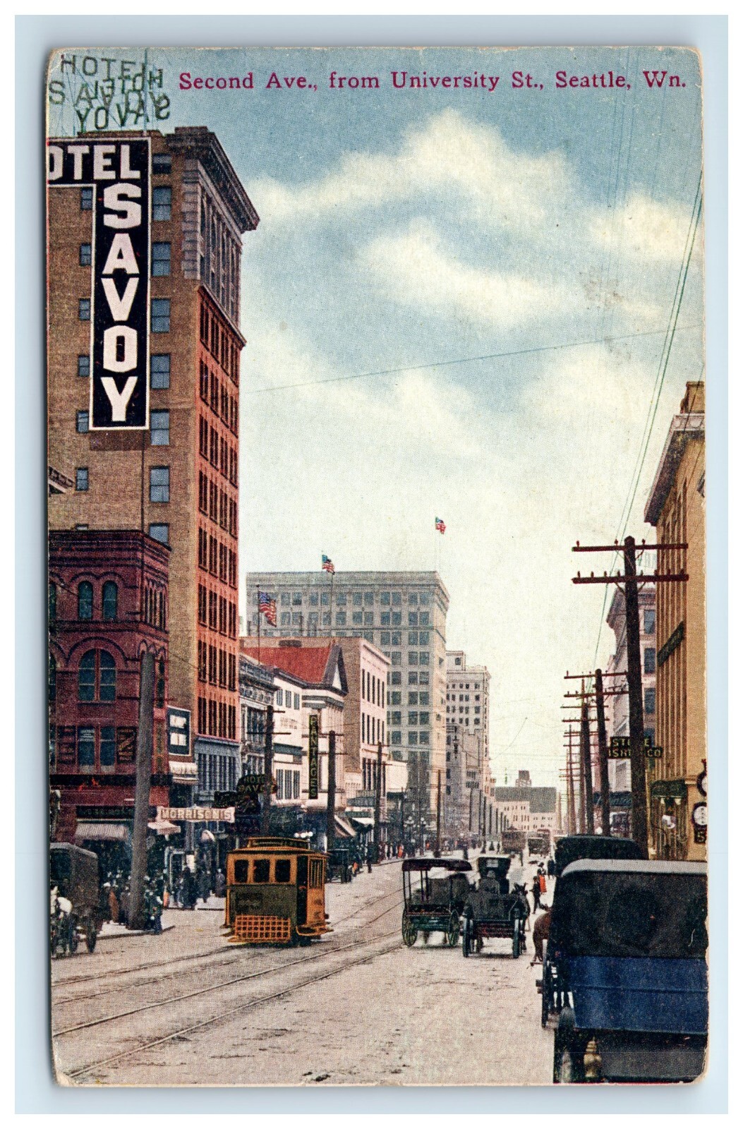Postcard Second Ave from University St Seattle WA c1911 People Trolley Carriage 