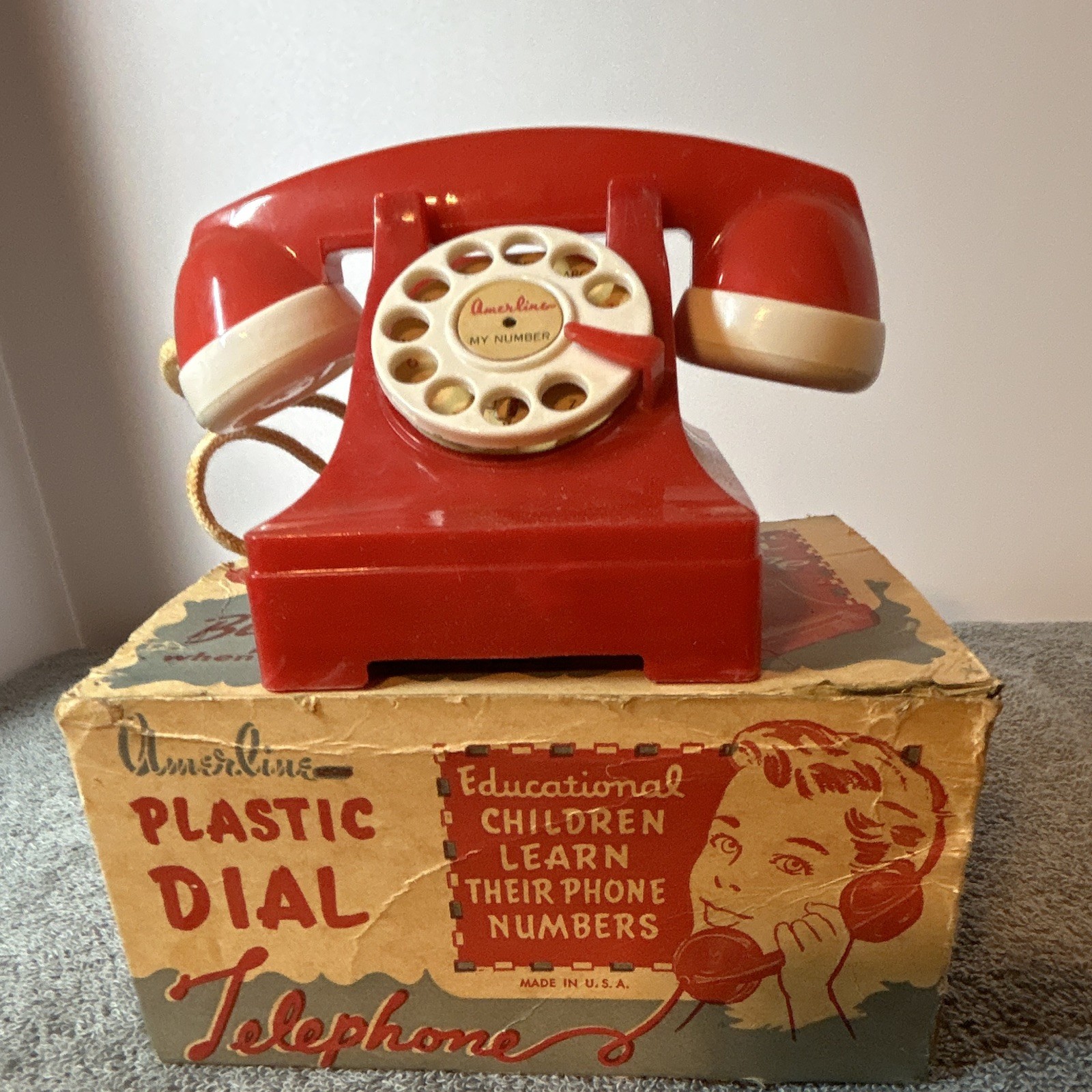 Vintage 1950s Amerline Plastic Dial Telephone Money Bank Red W/original Box P1 Vintage 1950s Amerline Plastic Dial Telephone Money Bank Red W/original Box P1