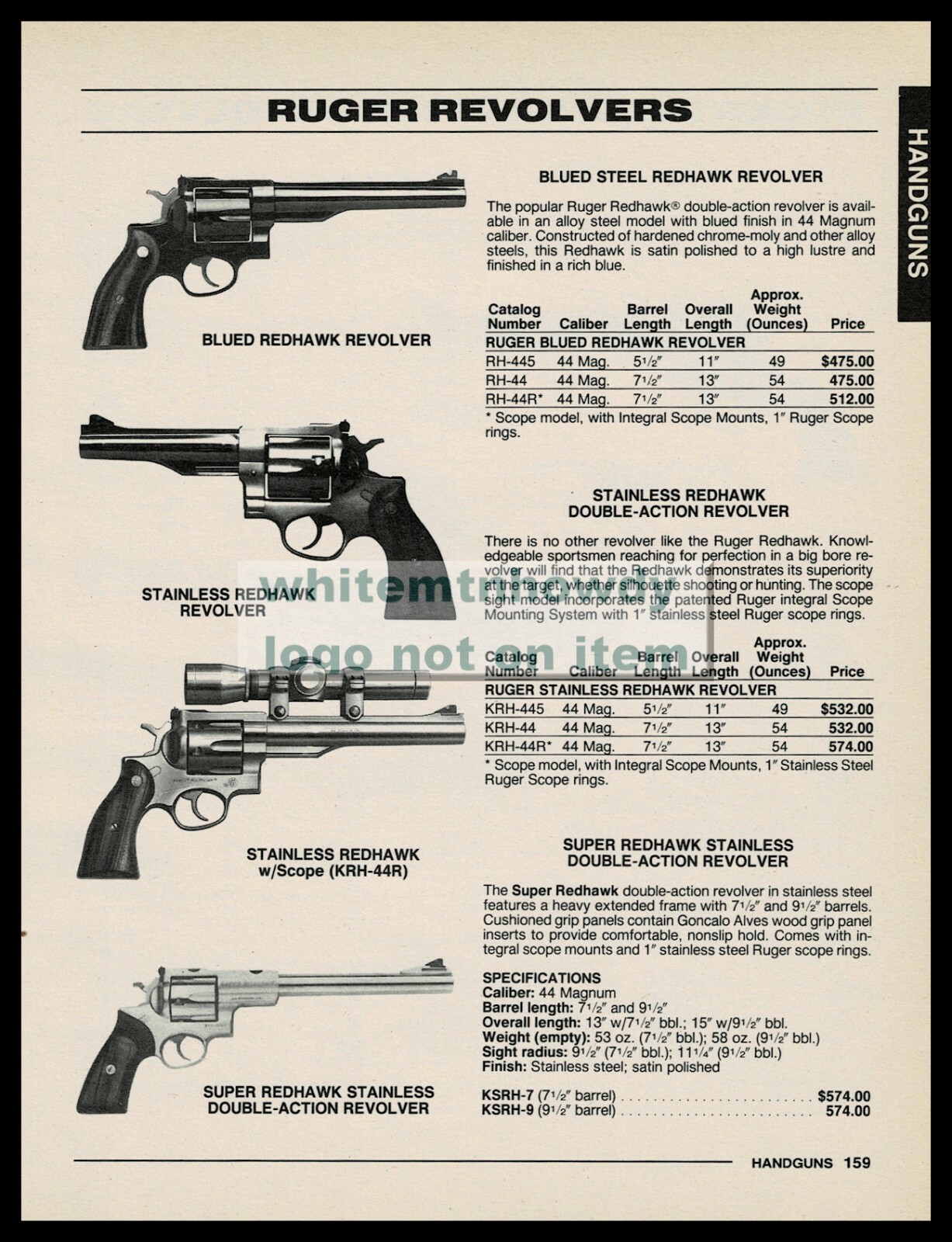 1996 RUGER REDHAWK Blued Stainless and Super Revolver AD w/original prices/specs