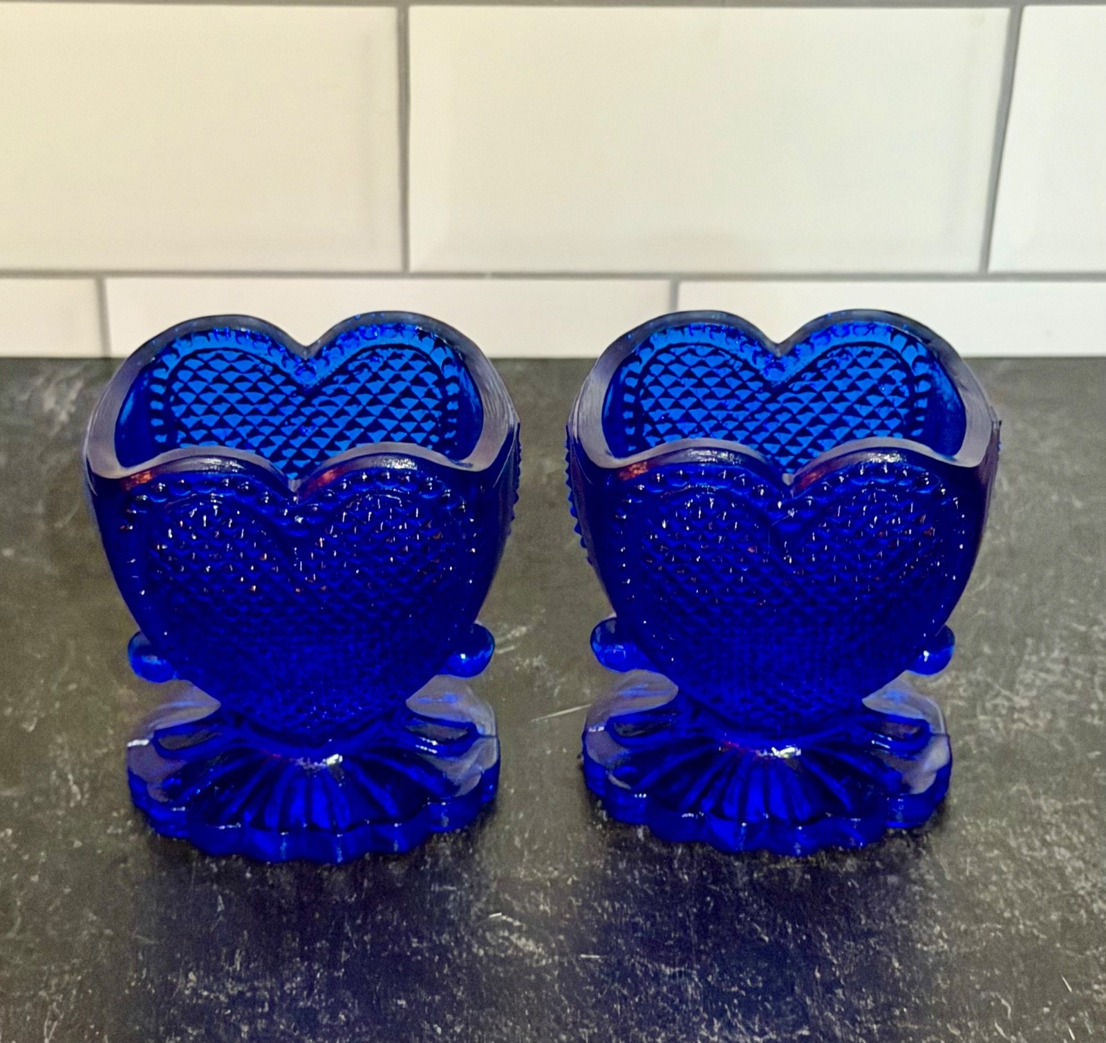 2 Vintage Degenhart Cobalt Blue Toothpick Holders - Heart Shaped