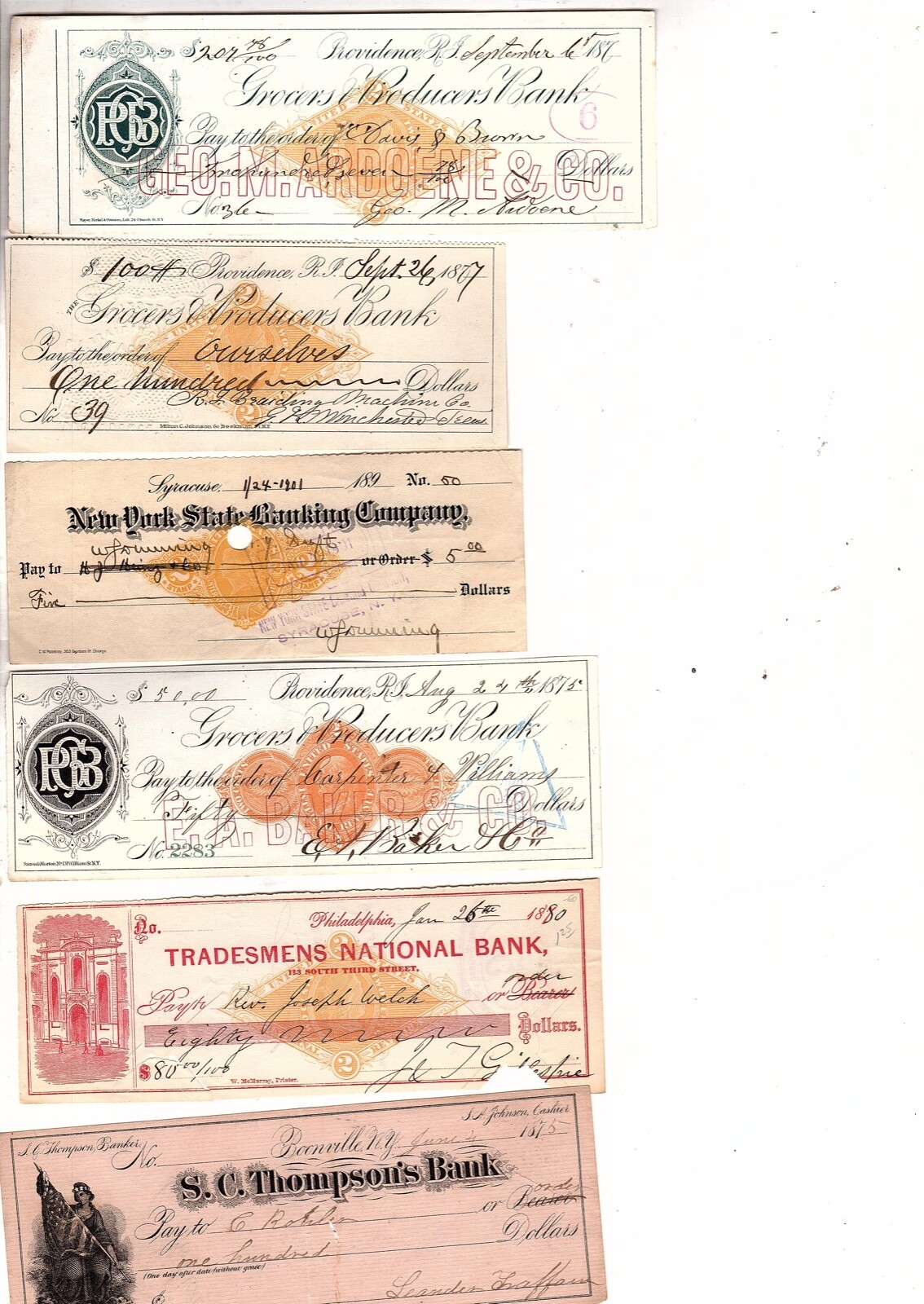 VINTAGE  check lot some with revenue paper and ir stamps 1870S THRU 1880S (bb10