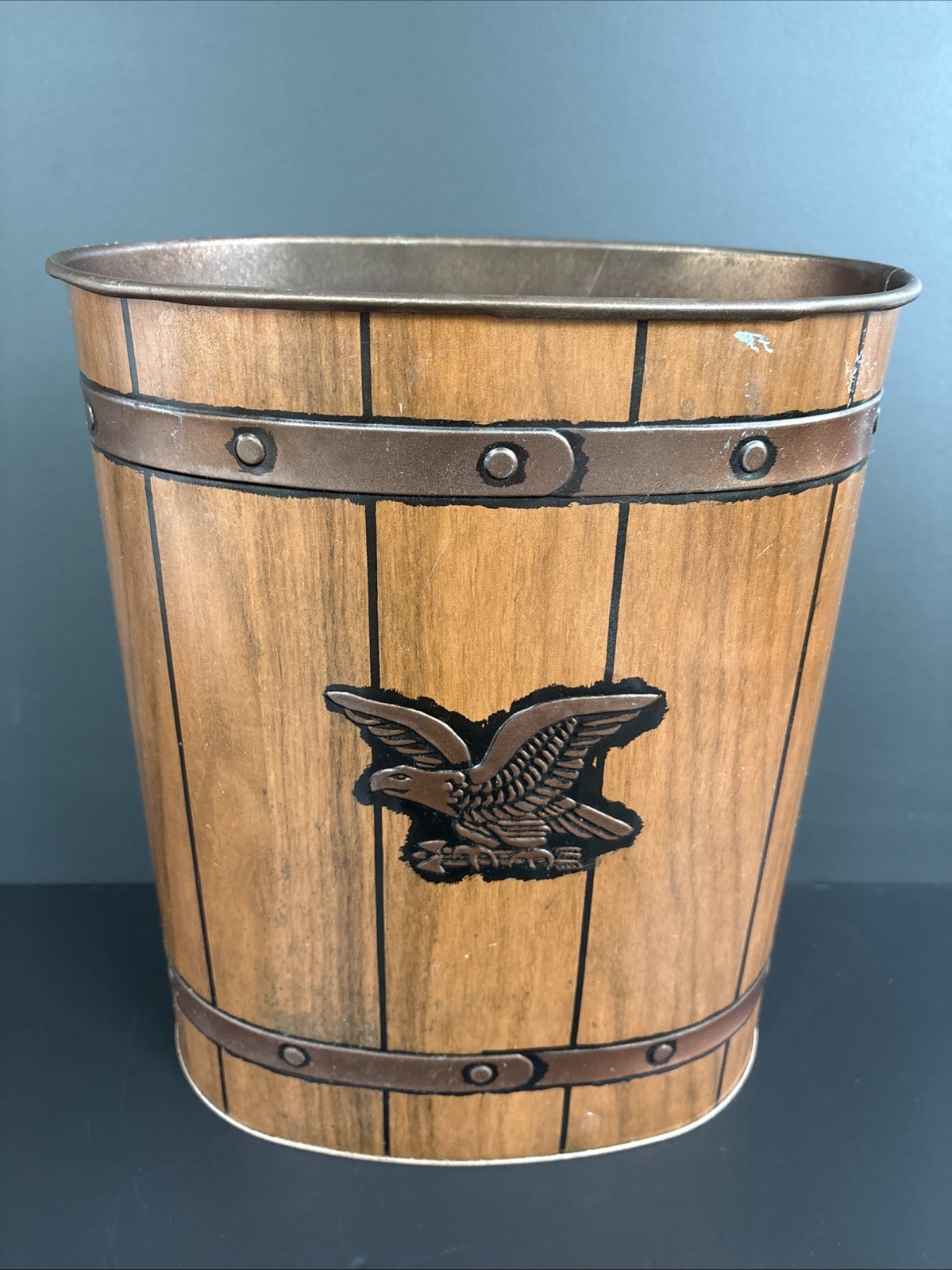 Vintage 70s J L Clark American Eagle Trash Can Faux Wood MCM Bin Folk Cottage