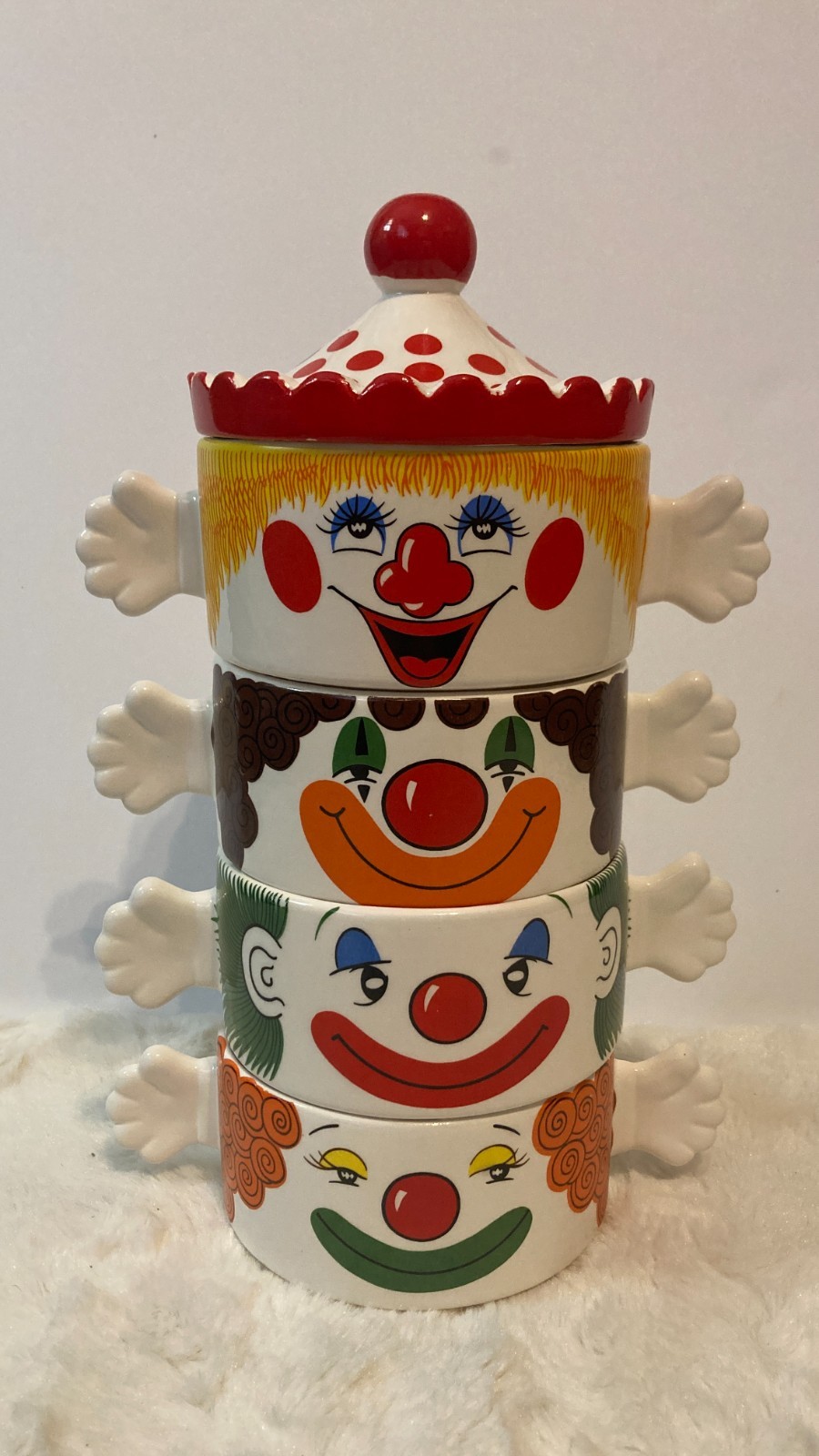 Vintage 1980s Stackable Ceramic Clown Soup Bowls Set of 4 with Hat Lid Japan Vintage 1980s Stackable Ceramic Clown Soup Bowls Set of 4 with Hat Lid Japan