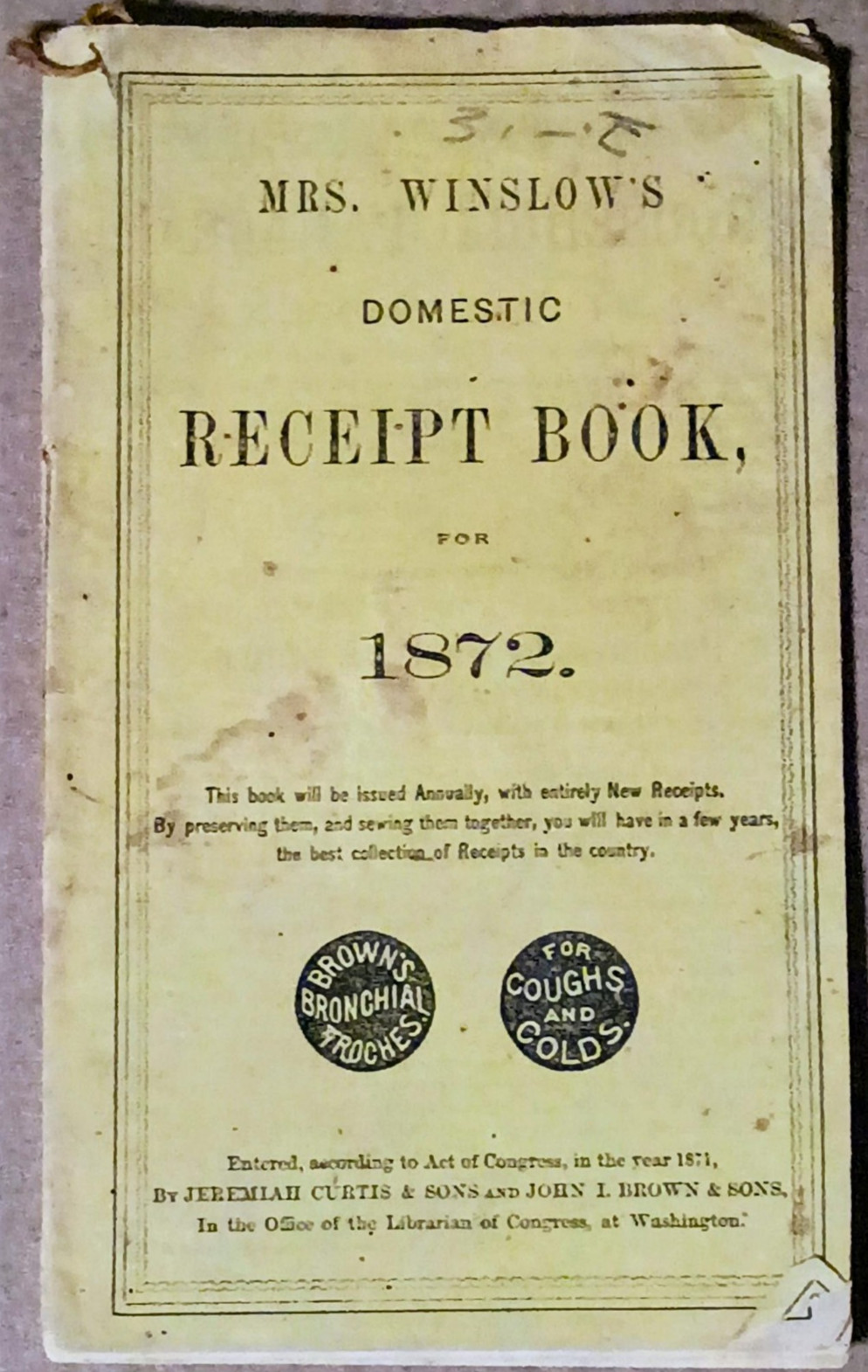 Mrs. Winslow's Domestic Receipt Book 1872 Antique Vintage Household Recipes