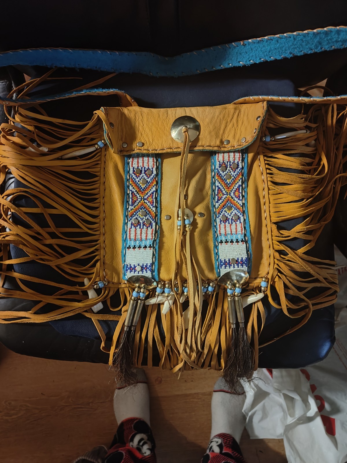 Vintage Native American Medicine Untilty Leather Pouch Bag Fringe Woven Stripe 