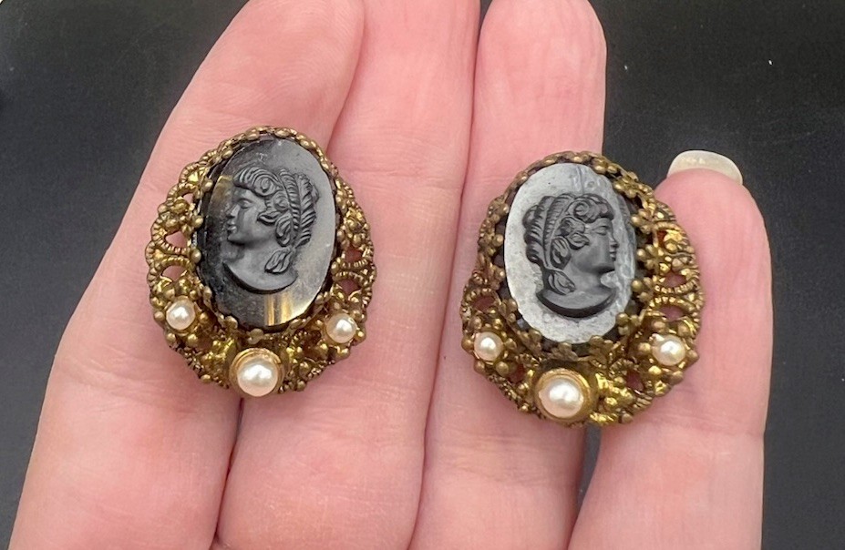 Germany Cameo Clip On Earrings Faux Pearl Filigree Gold Tone Vtg