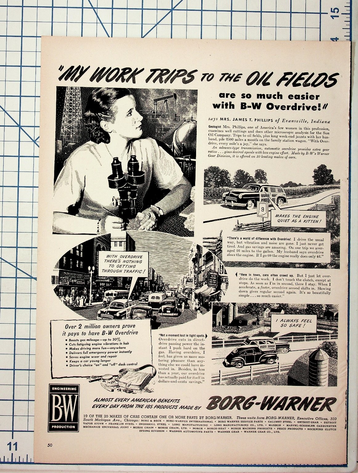1940s Borg-Warner Overdrive Car Ad Mrs. Phillips Oil Fields Ephemera 1940s Borg-Warner Overdrive Car Ad Mrs. Phillips Oil Fields Ephemera