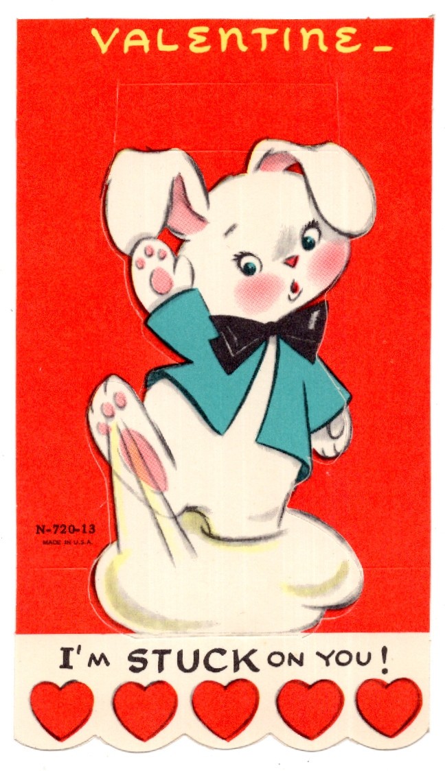 Vintage Valentine Card, BUNNY STUCK ON GLUE \ Vintage Valentine Card, BUNNY STUCK ON GLUE \