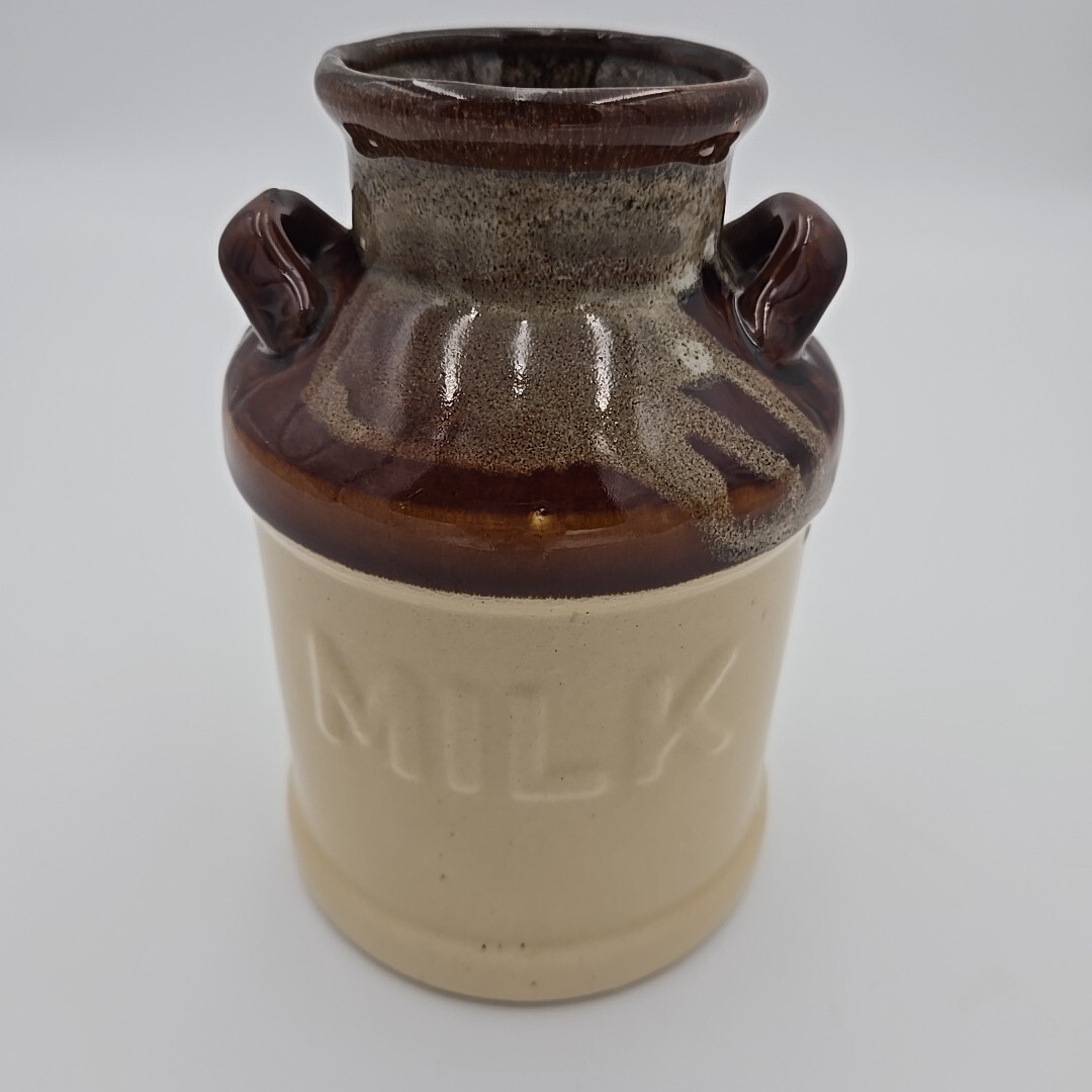 Vtg Milk Jug Crock Drip Brown Cream Stoneware Farmhouse Spoon Holder Vase 7\