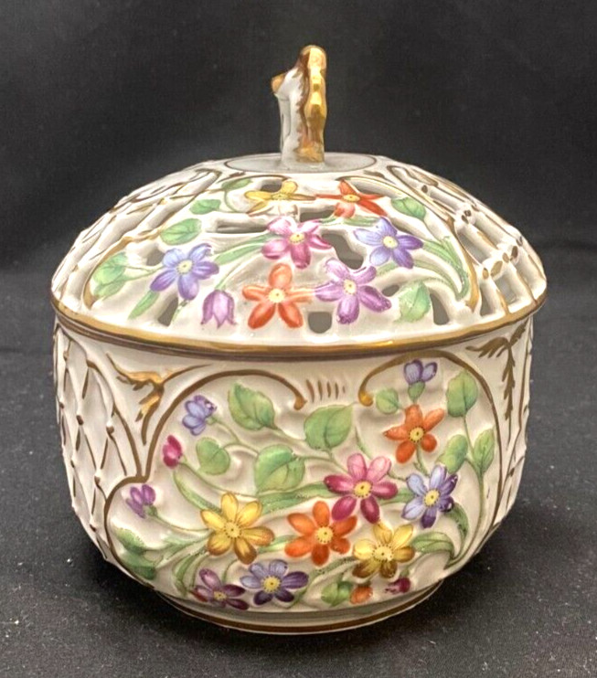 VTG SCHUMANN BAVARIA LIDDED RETICULATED TRINKET BOX/BOWL FLORAL c1930 vg