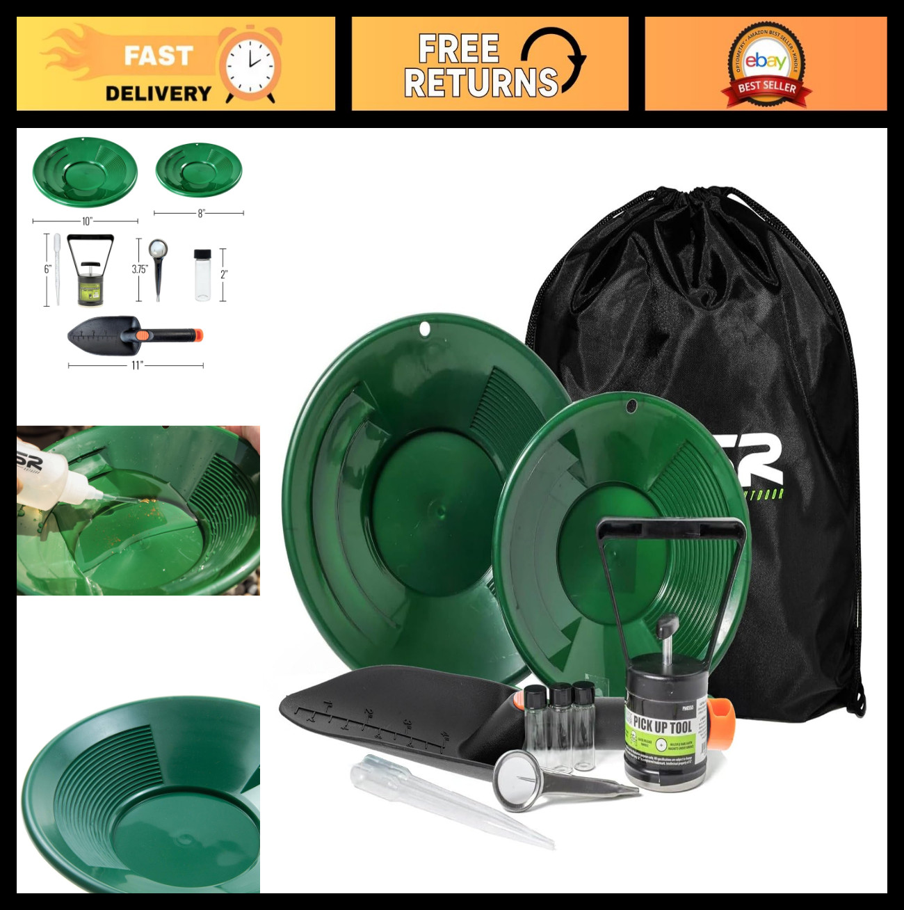 Gold Panning Kit 10pc - Outdoor Prospecting Tools & Accessories for Gold Rush -