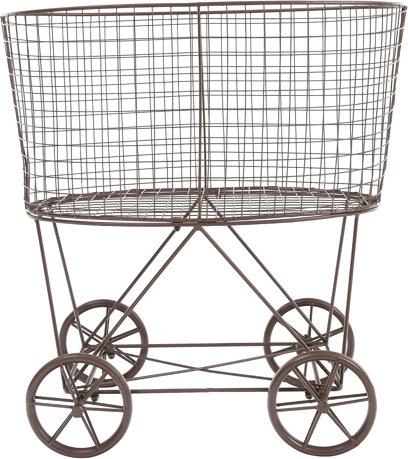 Vintage Reproduction Metal Laundry Basket on Wheels, Rust