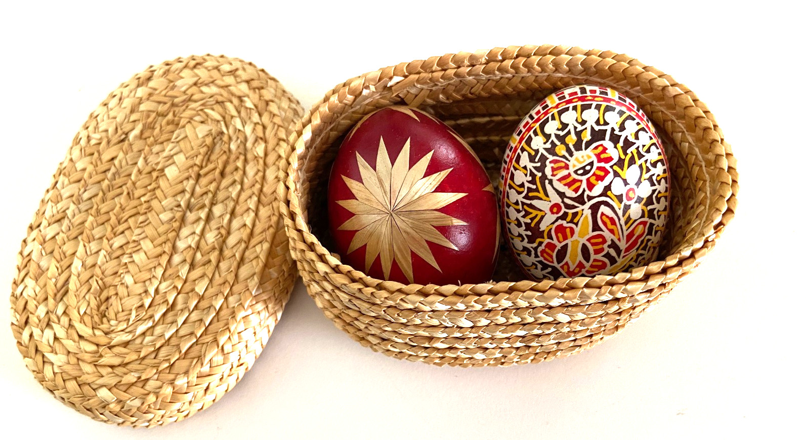 Vintage Czech Set of 2 Eggs One Painted Egg One Straw Inlay Egg in Straw Basket