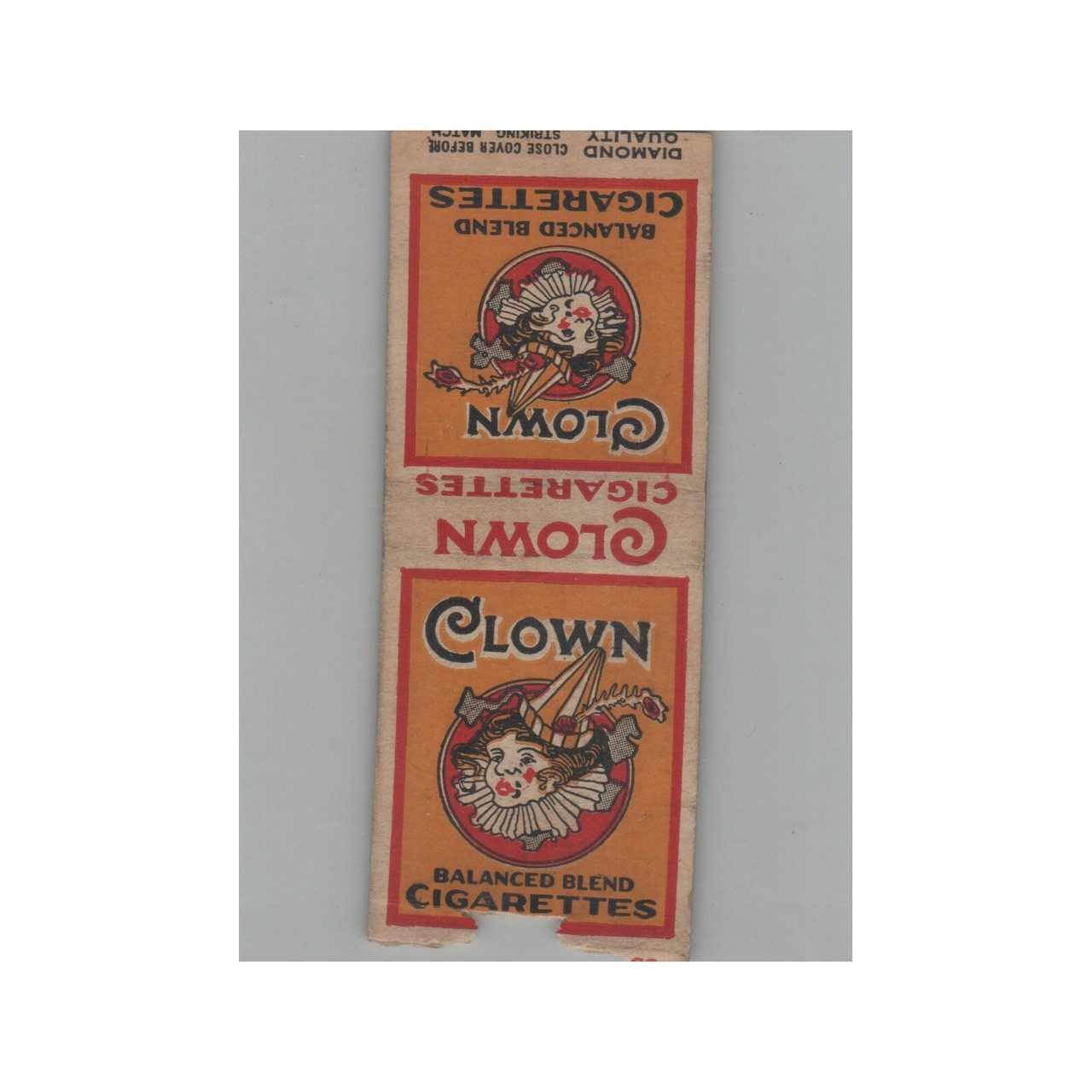 1930s DQ Matchbook Cover No Striker Clown Balanced Blend Cigarettes