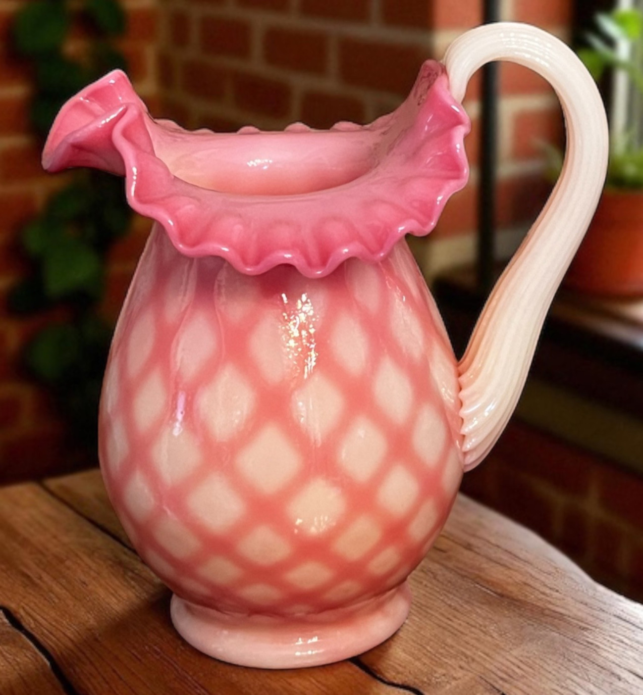 RARE Fenton Rosalene Diamond Optic Hand Painted Large Uranium Glass Pitcher