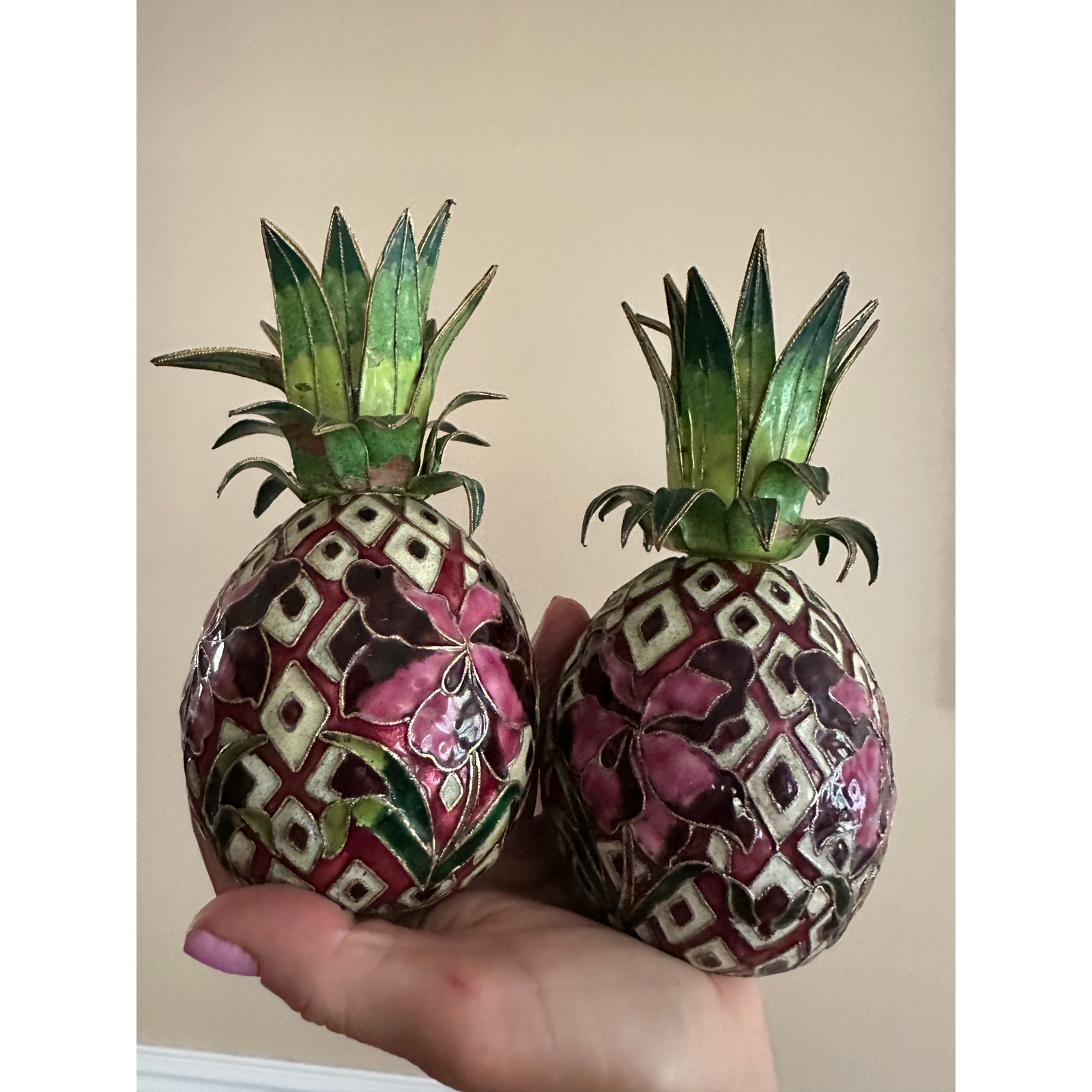 2 Vintage Cloisonné Enameled Pineapple Candlestick Holders Hollywood regency set