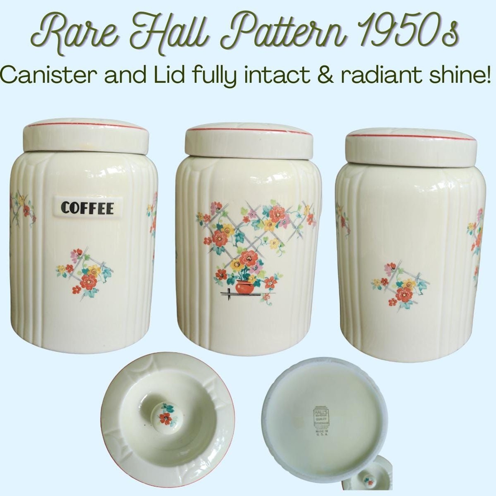 Hall Coffee Canister Floral Lattice 1950s RARE Vintage Hall China Co Radiance