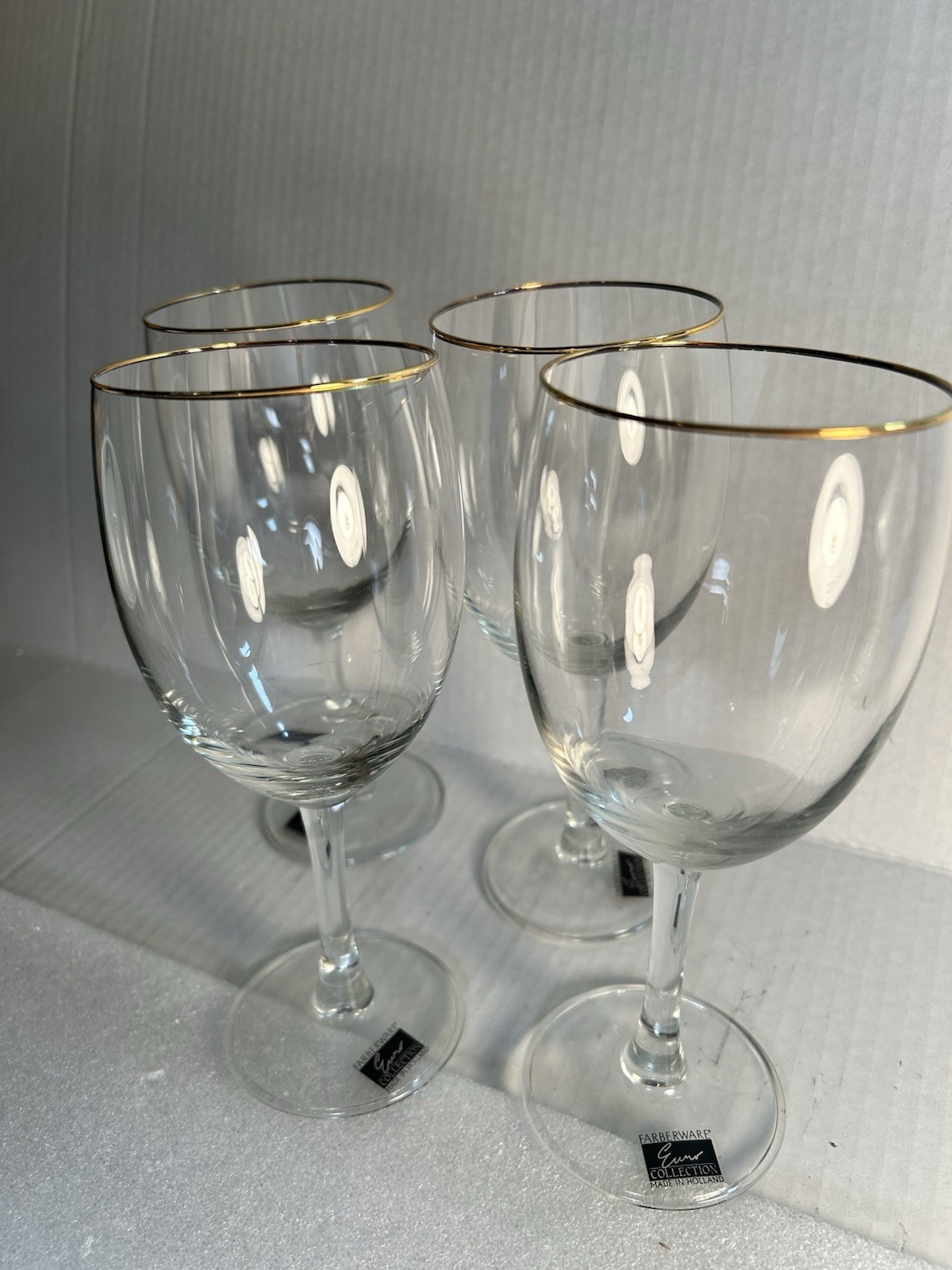 Farber Ware Euro Collection Gold Rim Crystal Clear Stem Wine Glass Barware Set 4