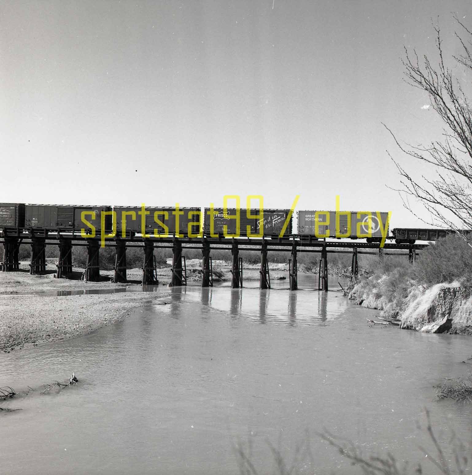 Train & Box Cars Crossing River Bridge - c1960s - Vintage Railroad Negative