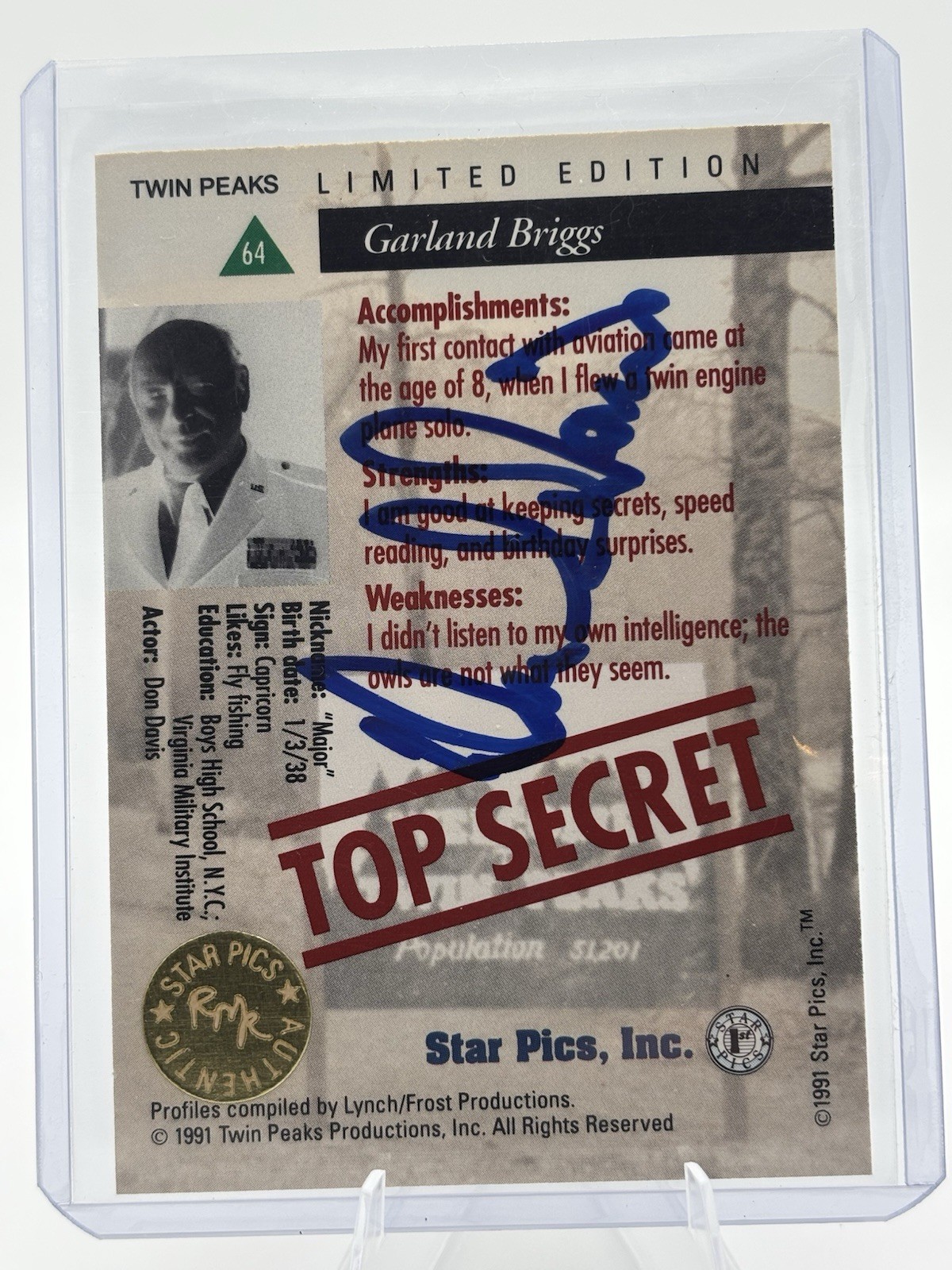 Rare 1991 Star Pics Inc. Twin Peaks Don S. Davis (Major Briggs) Autograph Card