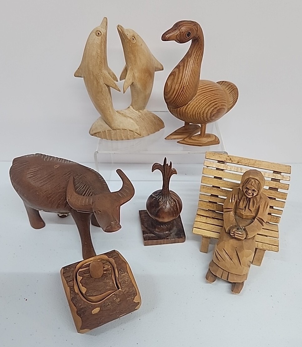 Vtg Folk Art Wood Figurines Hand Carved Figures Statue Animals People Lot Of 6