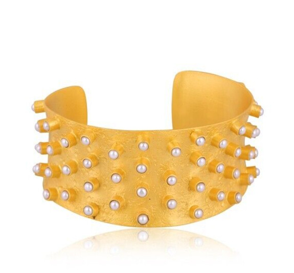 Gemstone Wide Cuff Yellow Gold Plated Multi stone Brass Pearl Tower Bracelet