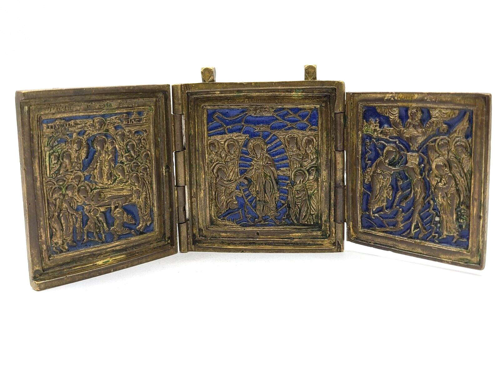 Antique c.19th century Central Russian School brass enamel folding triptych