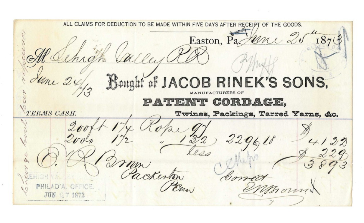1873 Billhead Lehigh Valley Railroad Purchase Jacob Rinek\'s Sons Easton PA F4 1873 Billhead Lehigh Valley Railroad Purchase Jacob Rinek\'s Sons Easton PA F4